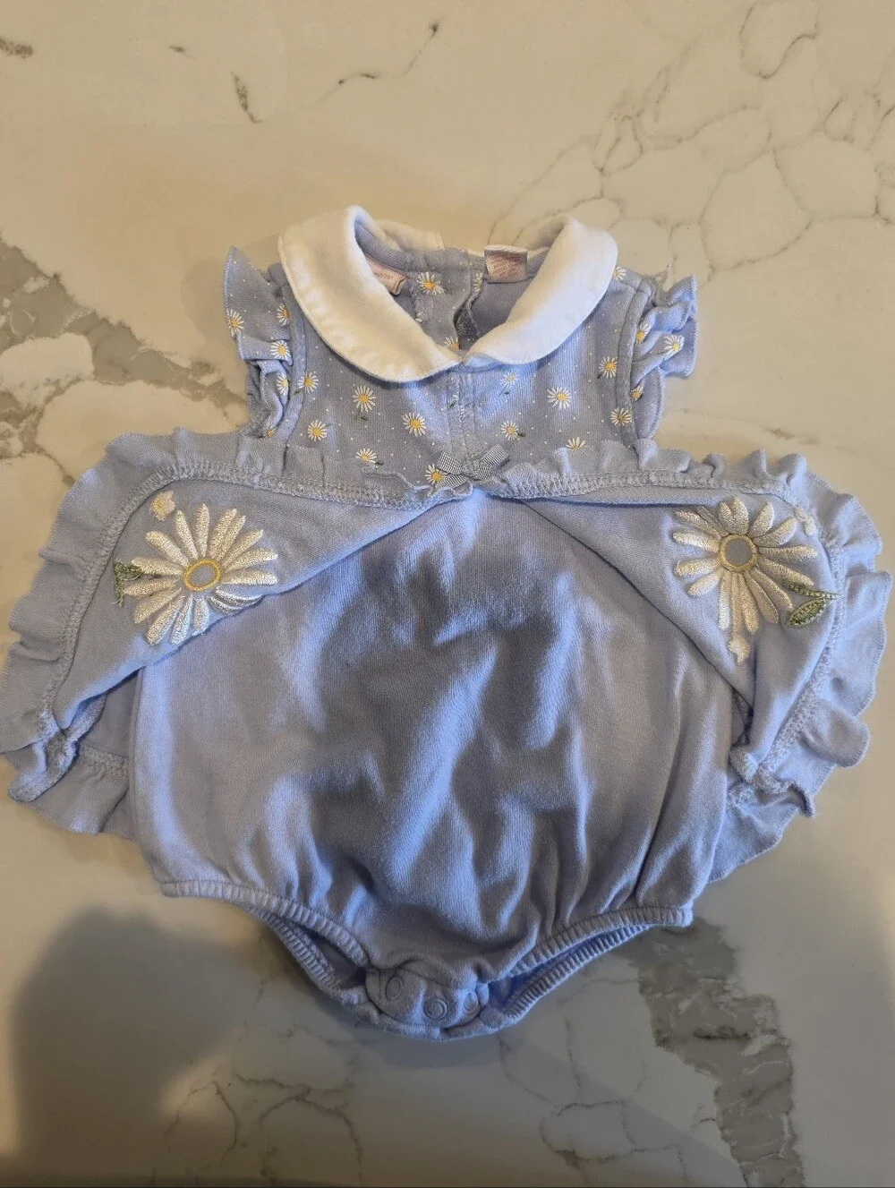 First Impressions Light Blue Daisy Embroidered Romper with White Collar